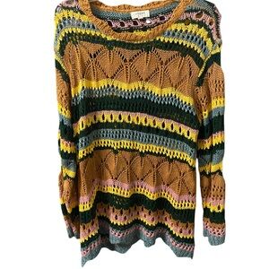 Umgee Gold Stripe Open Crochet Scallop Hem Crewneck Sweater Small Hobo Retro